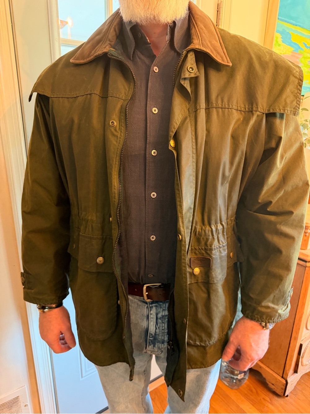 Skin Olive Green Waxed Field Jacket with Brown Corduroy Collar